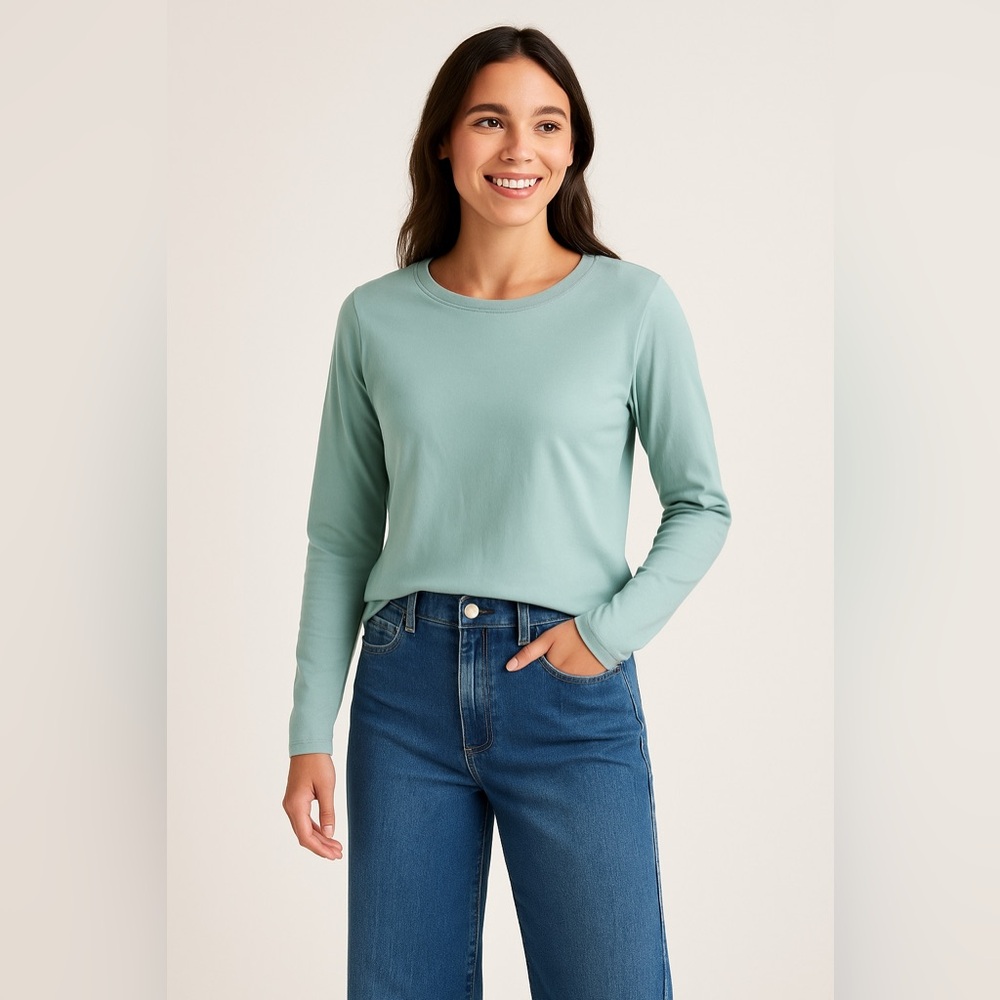 LL Bean Light Blue Scoop Neck Cotton Long Sleeve T Shirt Sz S GUC